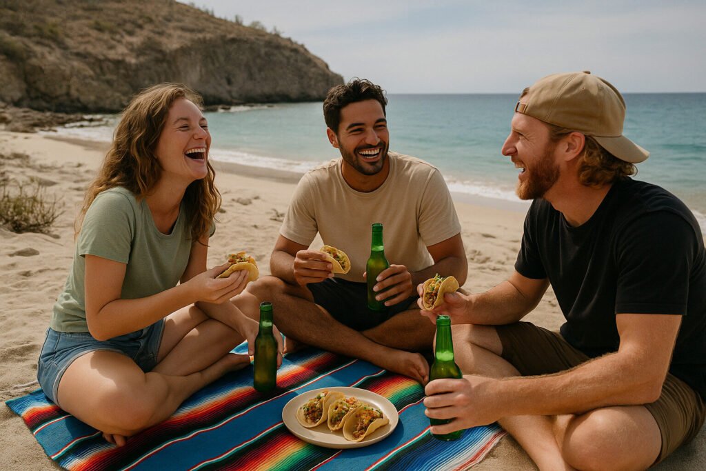 “Three customers laughing together during a beach picnic after a UTV tour.”,