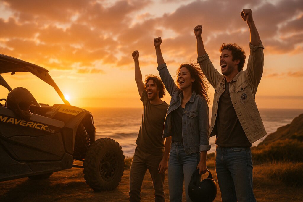 “Three happy customers beside a Can-Am Maverick X3 on a coastal cliff at sunset, cheering.”