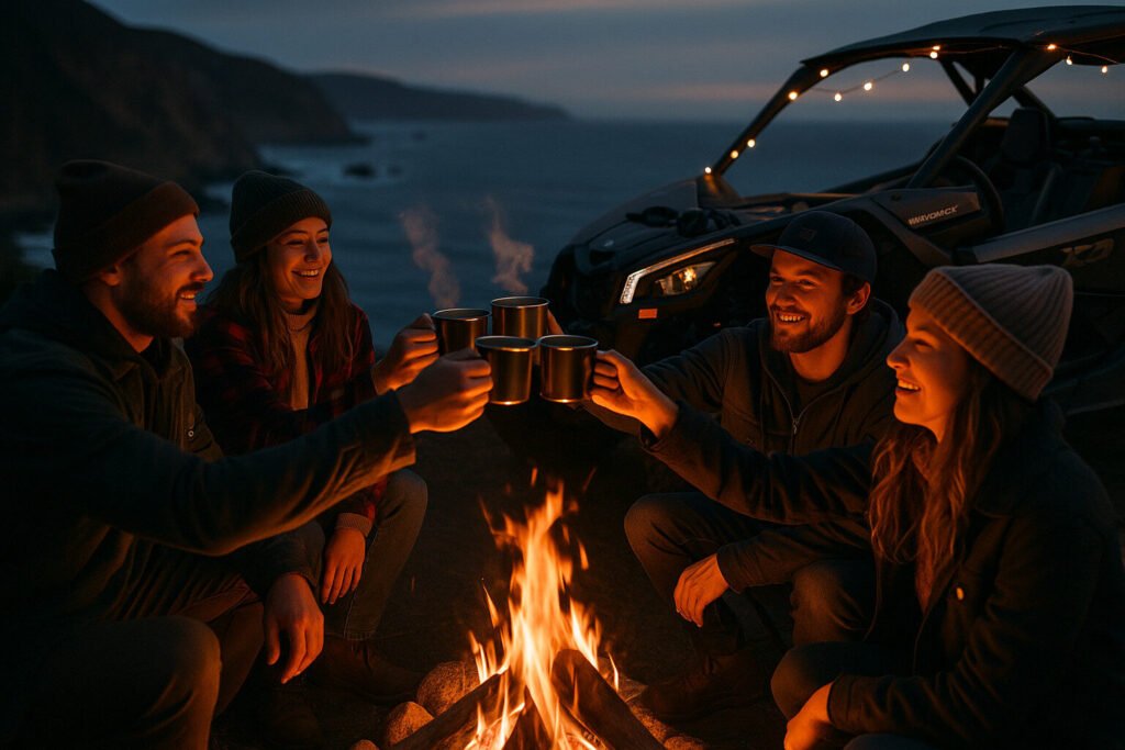 Small group around a campfire at dusk beside a Maverick X3 on a coastal cliff, laughing and toasting.