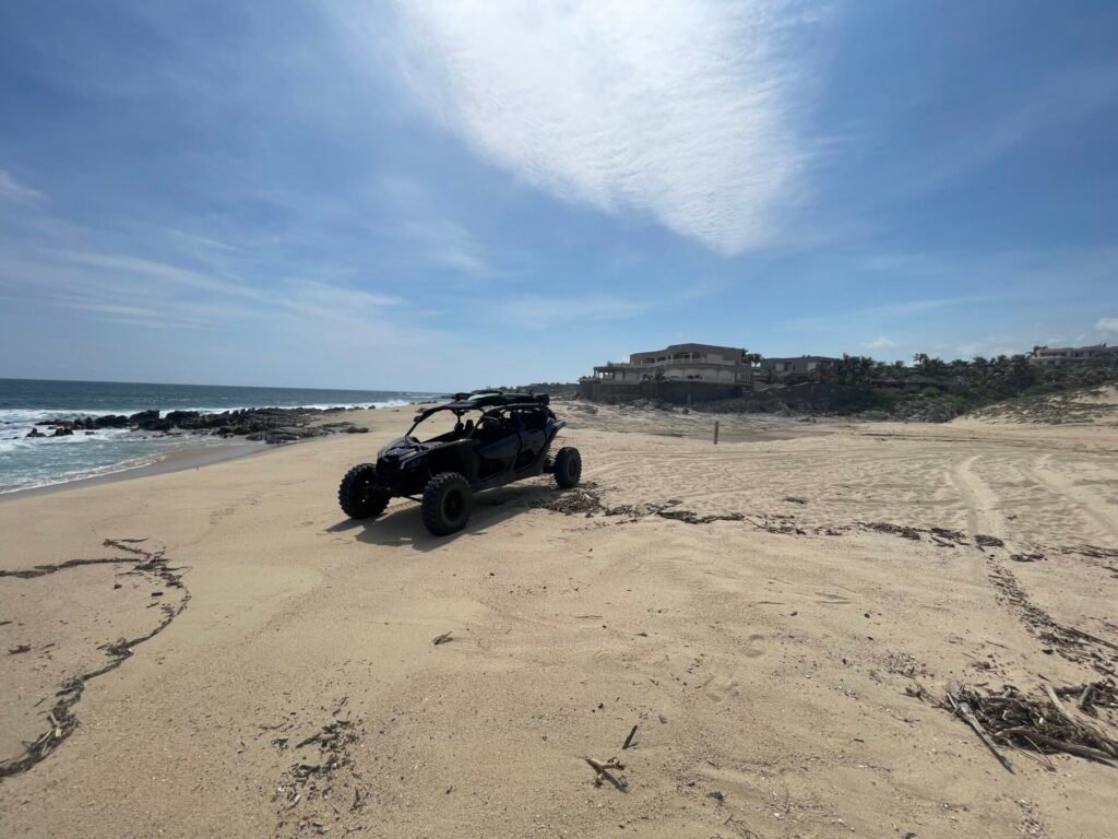 Guests departing Acre Restaurant in a Can-Am Maverick X3 for an East Cape off-road tour, San José del Cabo