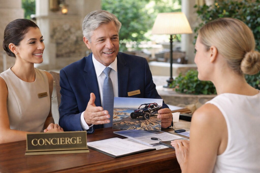 Concierge manager confirming private off-road tour booking for resort guest in Los Cabos