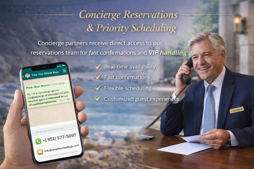 Luxury hotel concierge arranging private UTV tour reservation for guest in Los Cabos